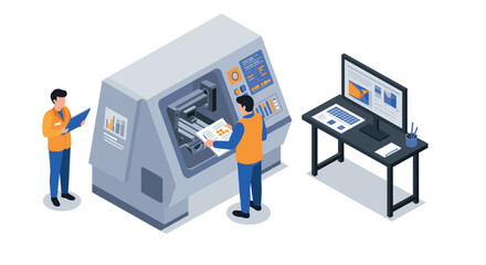 Industrial machinery and data analysis in isometric style