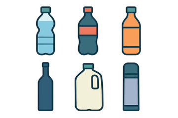 Collection of diverse beverage containers including plastic bottles, glass bottles, milk jugs, and flasks
