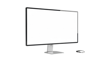 High-end 27-inch modern desktop monitor, ultra-slim black bezel, silver stand, transparent screen, minimalist black wireless optical mouse, transparent background, sophisticated product presentation