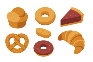 Isometric set of various baked goods including croissant, pretzel, donuts, and pie slice