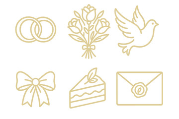 Elegant set of minimalist line art icons for wedding celebration events featuring rings bouquet dove and cake