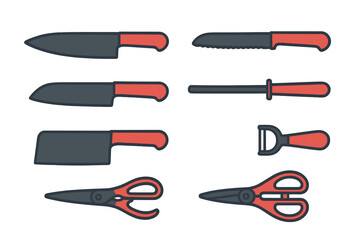 Set of kitchen knives, cleaver, sharpener, peeler, and scissors with red handles