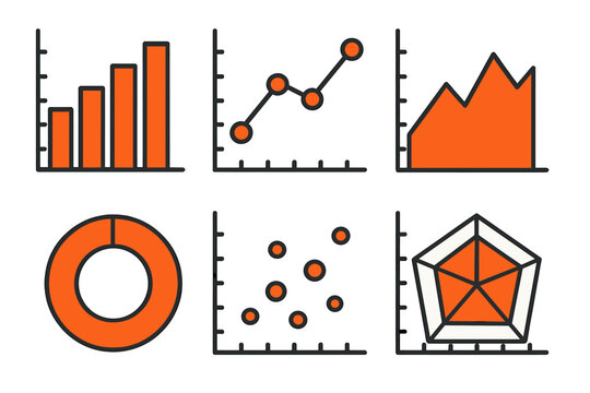 Essential financial and statistical data graphs set including bar line area and scatter charts