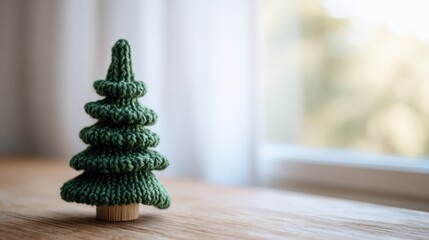 Cute knitted Christmas tree figurine against a background of yarn balls, funny crocheted toy, Christmas home decor, banner with space for text, AI-generated