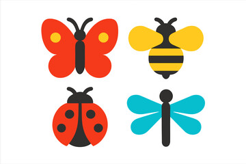 Colorful stylized insect icons set featuring a butterfly, bee, ladybug, and dragonfly