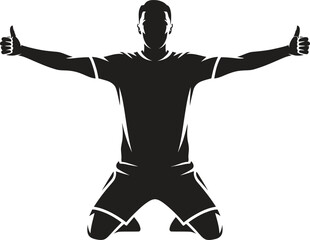 Silhouette of a soccer player celebrating a goal on his knees with arms outstretched