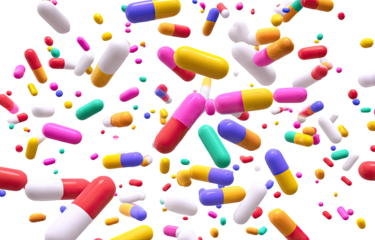 Colorful pills, capsules, and medicine in a chaotic, scattered display against a black background