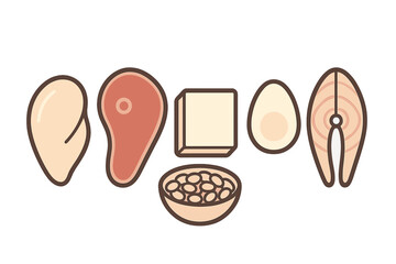 Selection of essential protein food sources: steak, chicken, salmon, egg, tofu, and beans