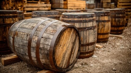 Whiskey barrels outdoors in aging yard