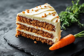 Homemade carrot cake slice with cream cheese frosting and fresh carrot garnish.