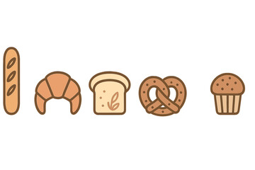 Collection of popular bakery icons including baguette, croissant, sliced bread, pretzel, and muffin