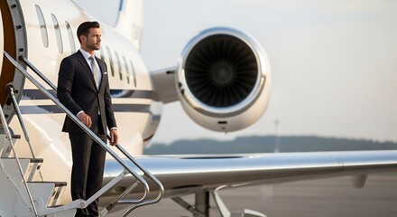 Businessman boarding private jet suit airplane