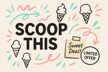 Ice cream promo with SCOOP THIS and Sweet Deal! LIMITED OFFER, playful style, enticing retail discount promotion.