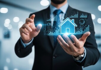 Businessman interacting with futuristic digital interface of real estate market trends