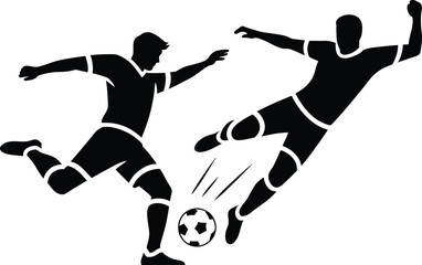 Two soccer players kicking ball in silhouette action