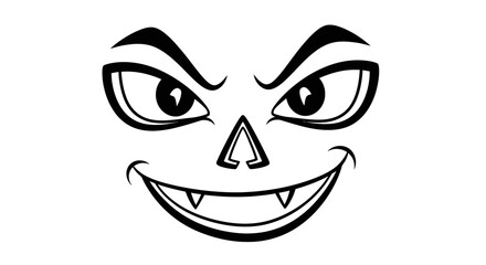 A stylized, black and white illustration of a sinister, cartoonish face with sharp teeth.