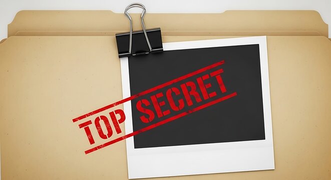 Brown folder with top secret document red stamp binder clip - Powered by Adobe