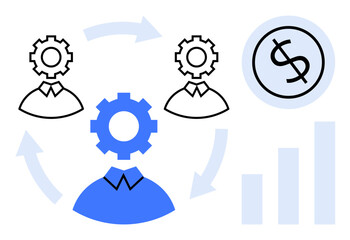 Gear-headed individuals linked by arrows symbolize teamwork, productivity cycles, financial achievement, and data visualization. Ideal for teamwork, workflow, finance, productivity, business