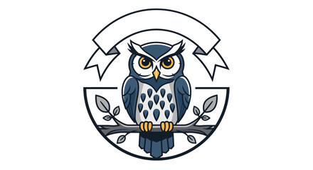 A stylized cartoon owl perched on a branch, with a banner above.