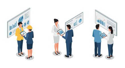Business professionals analyzing data on interactive screens in isometric style