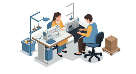 Isometric sewing workshop with tailors working on sewing machines and fabrics