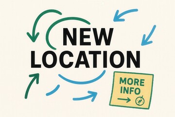 Promotional banner featuring NEW LOCATION and MORE INFO, playful style, essential retail announcement offer.