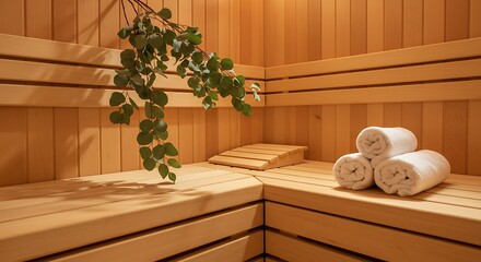 Warm Wooden Sauna Interior with Rolled Towels and Green Plant