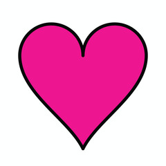 Illustration of a pink heart with a black outline isolated on white background for valentines day