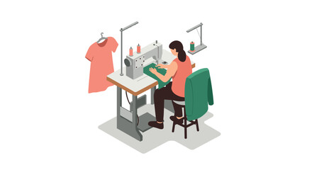 Isometric sewing workshop tailor working at sewing machine in fashion design studio