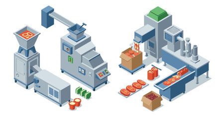 Automated food processing line with isometric machines in modern factory