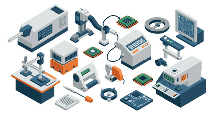 Obraz premium Modern industrial equipment isometric set for technology and manufacturing innovation
