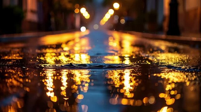 静かな通りの水たまりに落ちる雨粒と街灯の反射