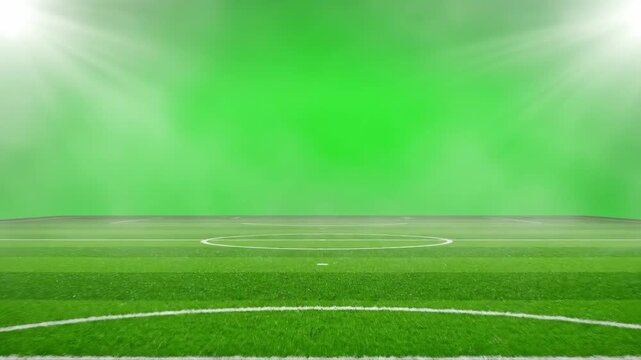 Soccer Field in Fog with Green Background - A view of a soccer field covered in fog, under bright spotlights against a vibrant green chroma key background. - Powered by Adobe