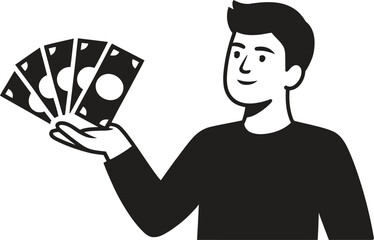 Man holding fan of money bills cash wealth