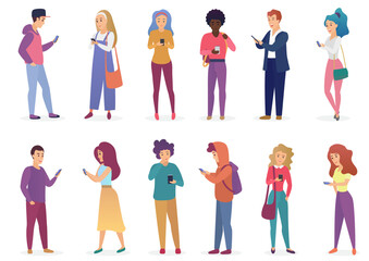 Obraz premium Vector illustration of fashion people speaking phone, using smartphone flat vector illustration. Appearance of modern society, social concept