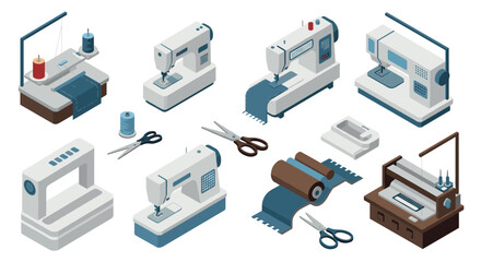 Isometric sewing machines and tools set for tailoring and dressmaking projects