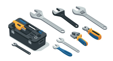 Fototapeta premium Isometric tool set with wrenches and toolbox for home improvement projects