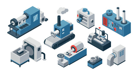 Isometric industrial machinery set in blue and white theme