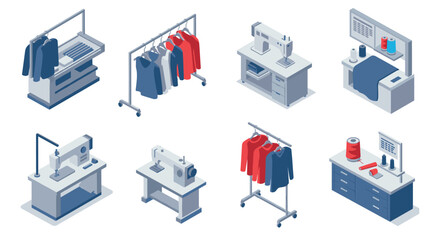 Isometric sewing and garment factory tools set with machines and clothing racks
