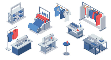 Isometric garment factory setup with sewing machines and clothing racks