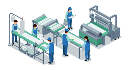 Isometric factory workers operating industrial printing machines in a modern production line