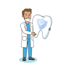 Smiling male dentist holding a large protected tooth with a shield icon, symbolizing dental insurance, strong tooth health, and oral protection and care concepts.