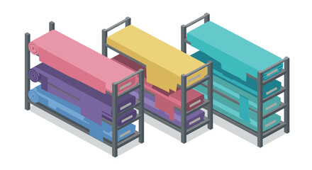 Colorful fabric rolls on metal shelves in isometric design