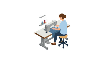 Seamstress operating sewing machine in minimalist workspace