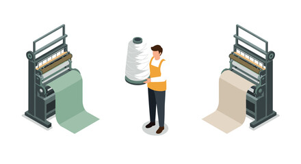 Textile manufacturing process with isometric machines and worker holding yarn spool