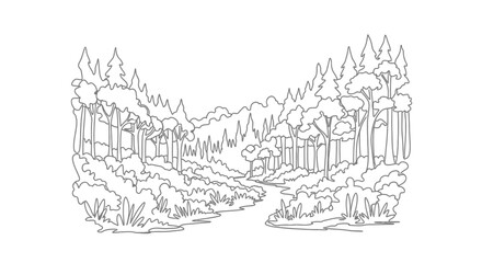 A black and white line drawing depicting a forest scene with trees and a path.