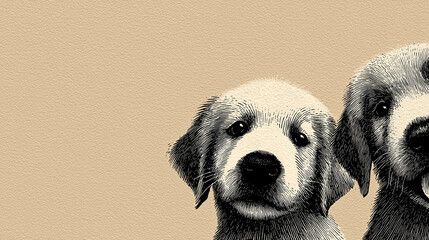 Japanese-style ink illustration of cute golden retriever puppies