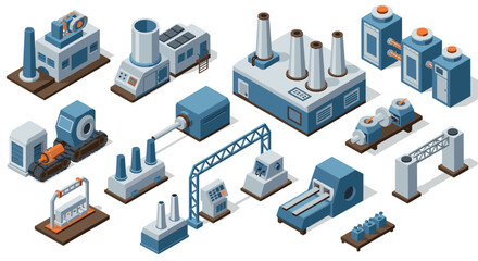 Industrial isometric factory set with machines and chimneys