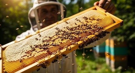 Beekeeper holding honeycomb frame with bees apiary