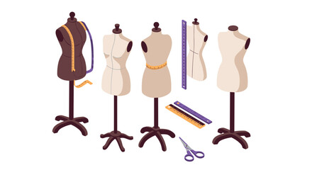 Tailoring essentials with mannequins and measuring tools in isometric design